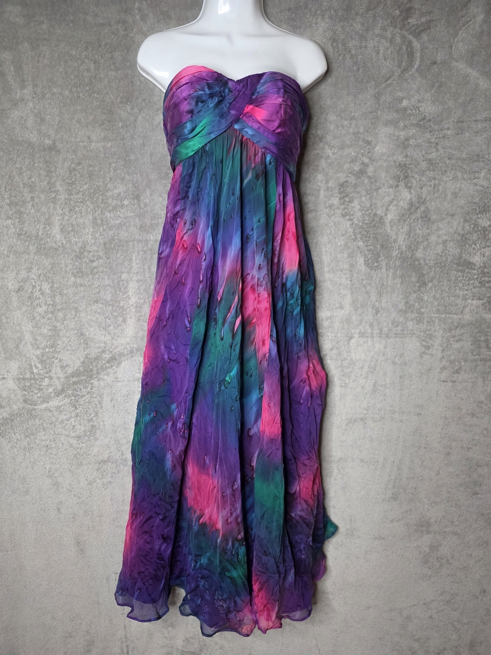 La Femme Paris 100% Silk Vintage Y2K Multicolor Abstract Strapless Maxi Dress